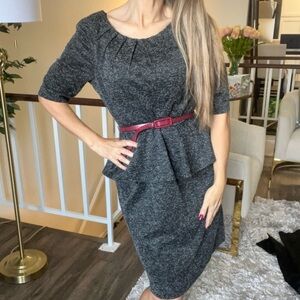Connected Apparel Pleated Neck Peplum Short Sleeve Gray Cocktail Belted Dress 10